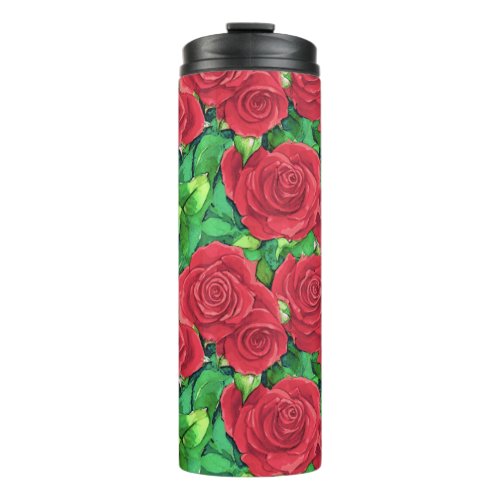 Red  Crimson Watercolor Rose Pattern Thermal Tumbler