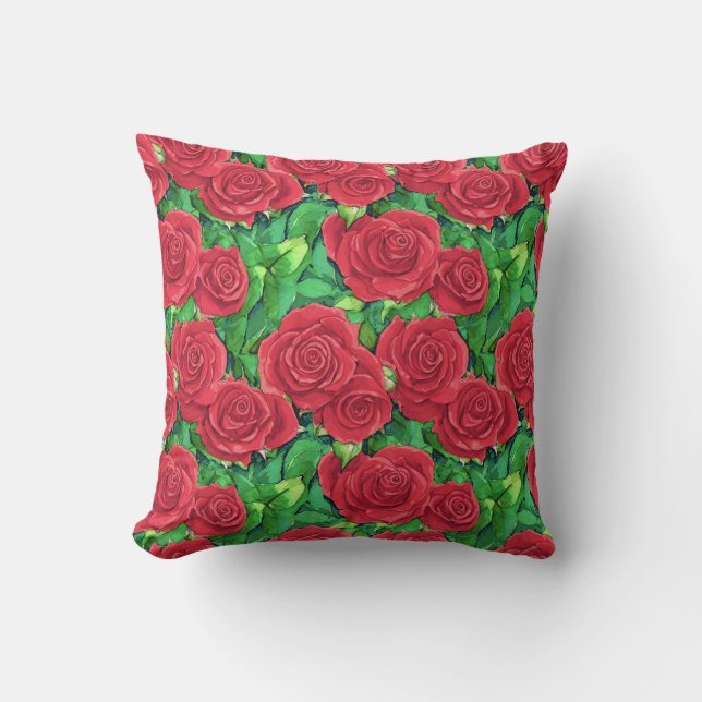 Red / Crimson Watercolor Rose Pattern Throw Pillow (Front)