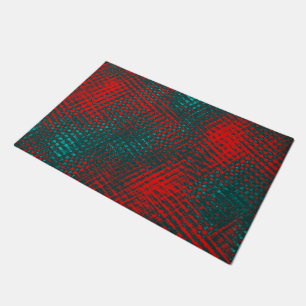 Red crisscrossing scratches over charred cyan doormat