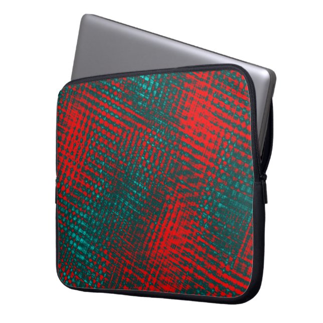 Red crisscrossing scratches over charred cyan      laptop sleeve (Front Left)