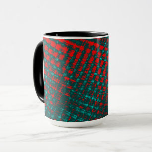 Red crisscrossing scratches over charred cyan mug