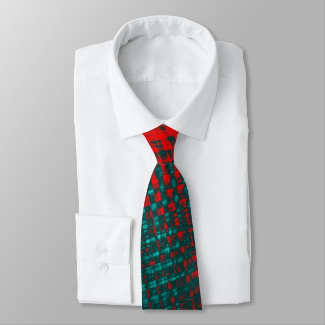 Red crisscrossing scratches over charred cyan      neck tie (Tied)