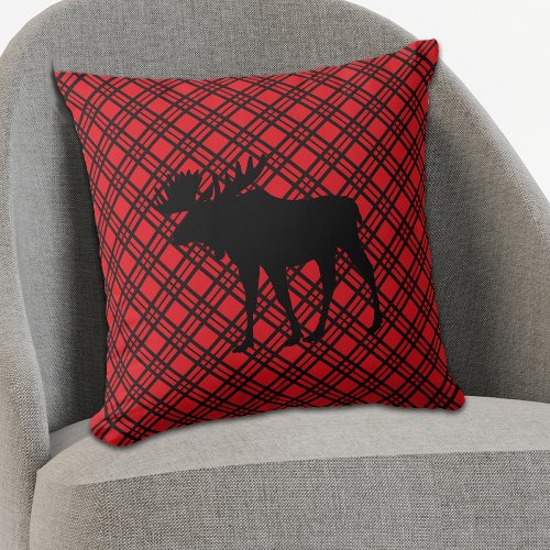 Red Cross Check Pattern Black Moose Throw Pillow