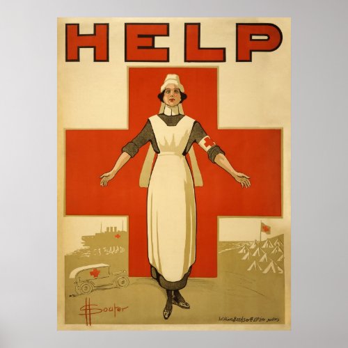 Red Cross Field Nurse Poster Reading HELP
