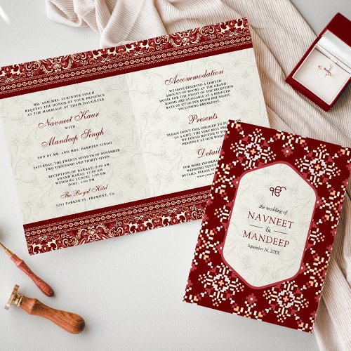 Red Cross_stitch All in One Sikh Wedding Invitation