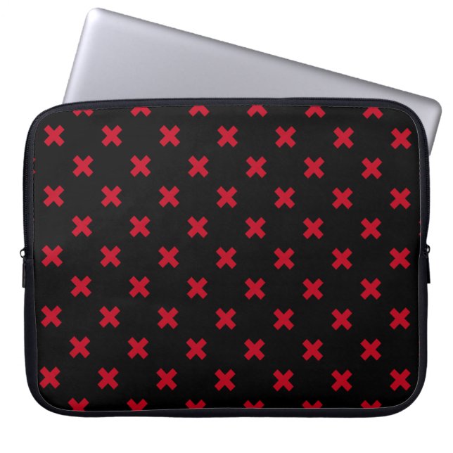Red cross stitches on black laptop sleeve (Front)