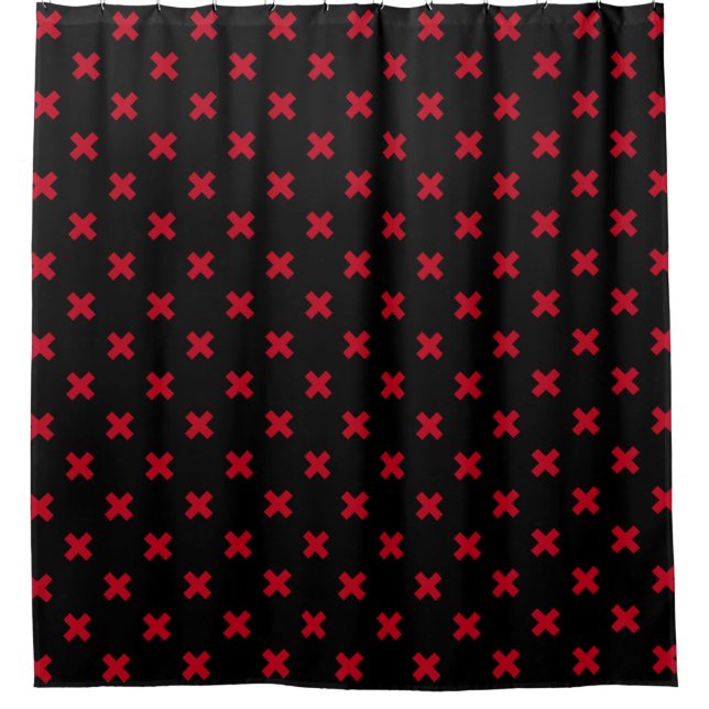Red cross stitches on black shower curtain (Front)