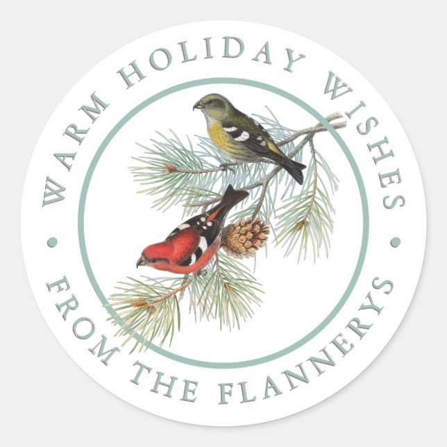 Red Crossbill Bird Pine Holiday Personalized  Classic Round Sticker (Front)