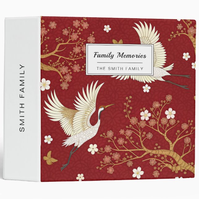 Red Crown Crane Sakura Pattern (1)  3 Ring Binder (Front/Spine)