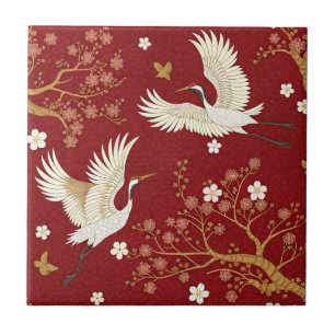 Red Crown Crane Sakura Pattern (1) Ceramic Tile