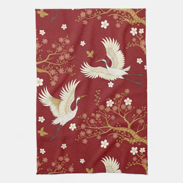 Red Crown Crane Sakura Pattern (1) Kitchen Towel (Vertical)