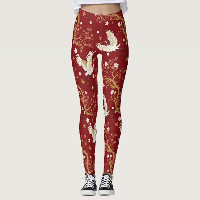 Red Crown Crane Sakura Pattern (1) Leggings (Front)