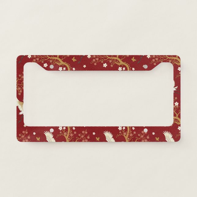 Red Crown Crane Sakura Pattern (1) License Plate Frame (Front)
