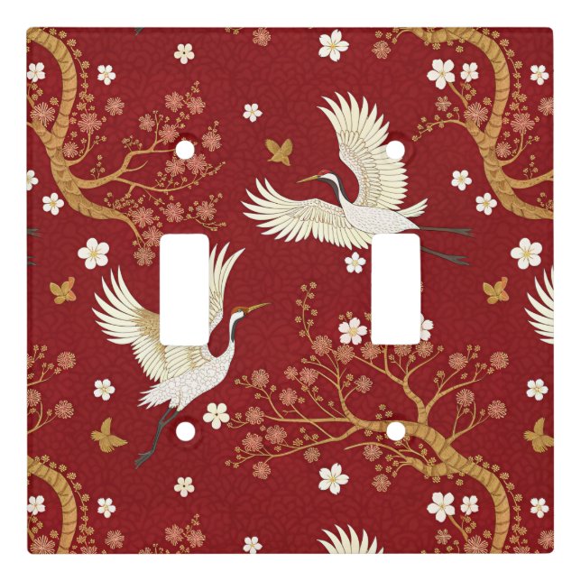 Red Crown Crane Sakura Pattern (1) Light Switch Cover (Front)