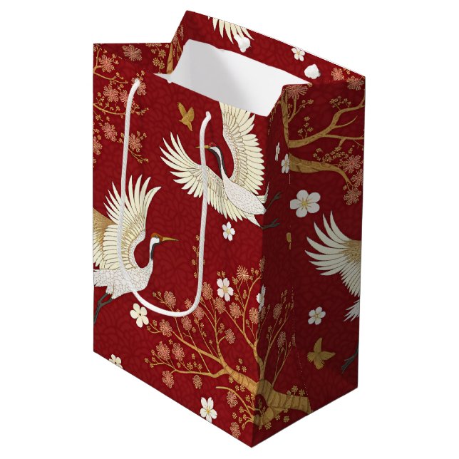 Red Crown Crane Sakura Pattern (1) Medium Gift Bag (Front Angled)