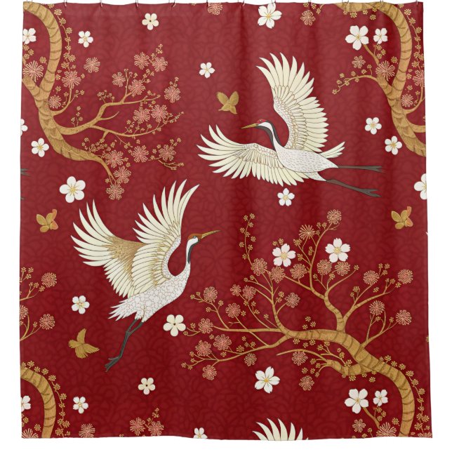 Red Crown Crane Sakura Pattern (1) Shower Curtain (Front)