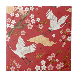 Red Crown Crane Sakura Pattern (2) Ceramic Tile