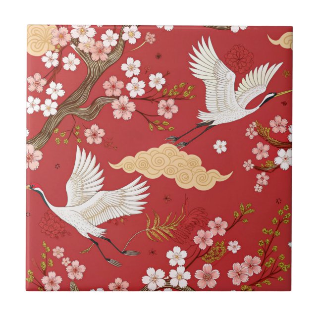 Red Crown Crane Sakura Pattern (2) Ceramic Tile (Front)