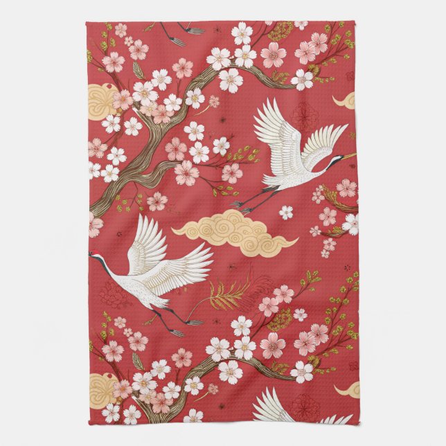 Red Crown Crane Sakura Pattern (2) Kitchen Towel (Vertical)