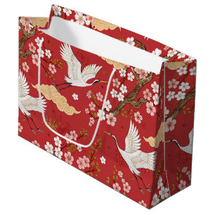 Red Crown Crane Sakura Pattern (2) Large Gift Bag