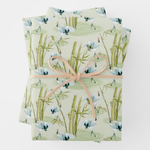 Red Crown Japanese Cranes With Bamboo Pattern Wrapping Paper Sheets
