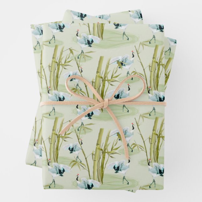 Red Crown Japanese Cranes With Bamboo Pattern Wrapping Paper Sheets (In situ)
