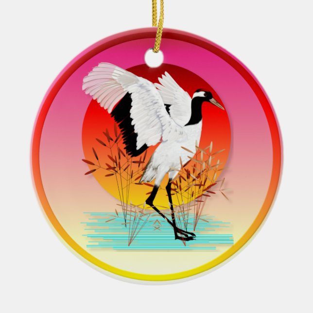 Red Crowned Crane and Setting Sun  Ornaments (Front)
