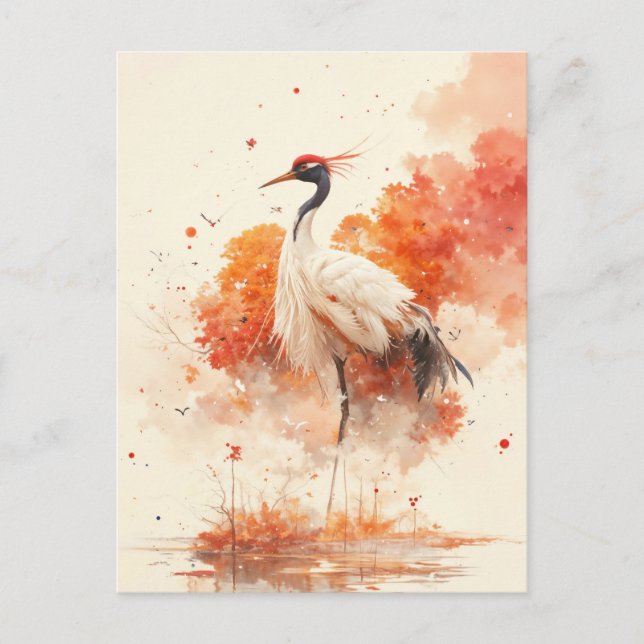 Red Crowned Crane in Autumn Marsh Landscape Postcard (Front)
