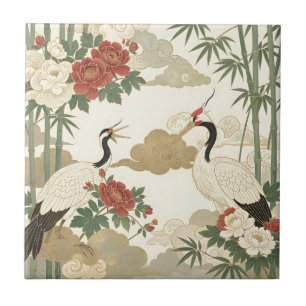 Red Crowned Crane Peony Bamboo Asian Ceramic Tile