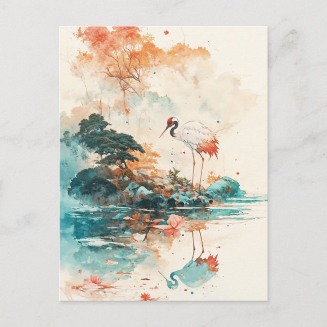 Red Crowned Crane Standing in Blue Lake Landscape Postcard (Front)