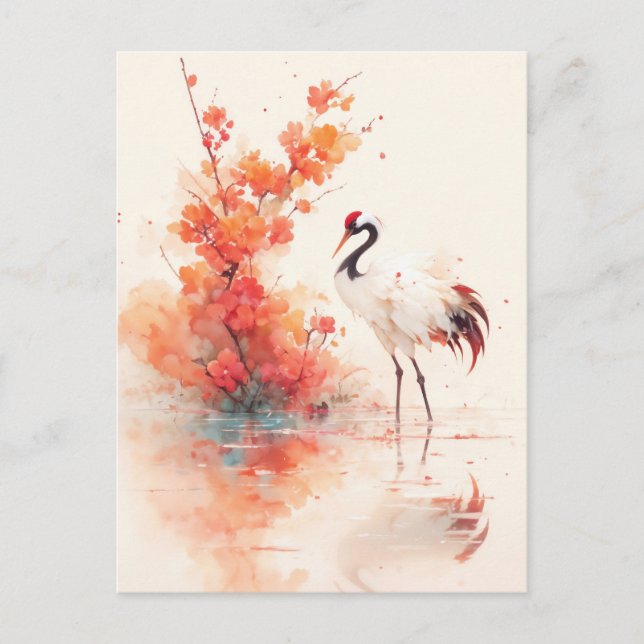 Red Crowned Crane with Orange Blossom Branch Postcard (Front)