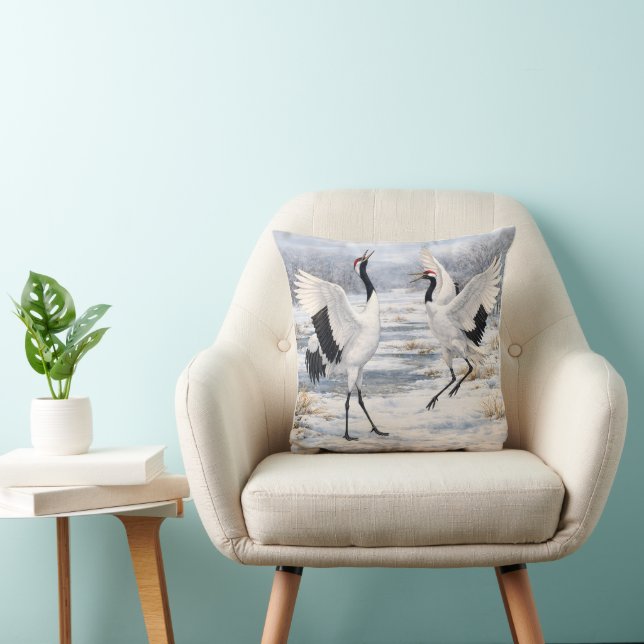 Red-crowned Cranes in Winter Throw Pillow (Chair)