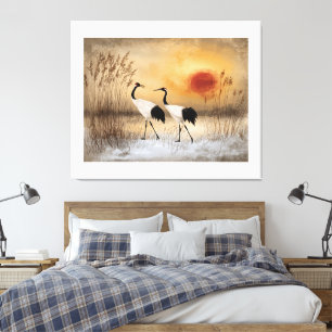 Red crowned cranes, watercolor artwork, canvas print