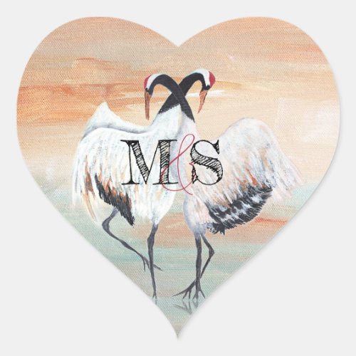 Red Crowned Tancho Crane Japanese Wedding Favor Heart Sticker