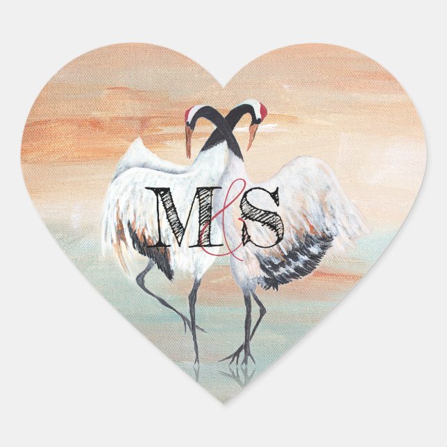Red Crowned Tancho Crane, Japanese Wedding Favor Heart Sticker (Front)