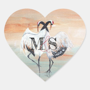 Red Crowned Tancho Crane, Japanese Wedding Favor Heart Sticker