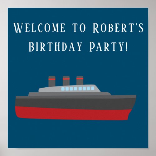 Red Cruise Ship Navy Blue Birthday Party Poster