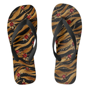 Red Crystal Rose Tiger Fabric Flip Flops