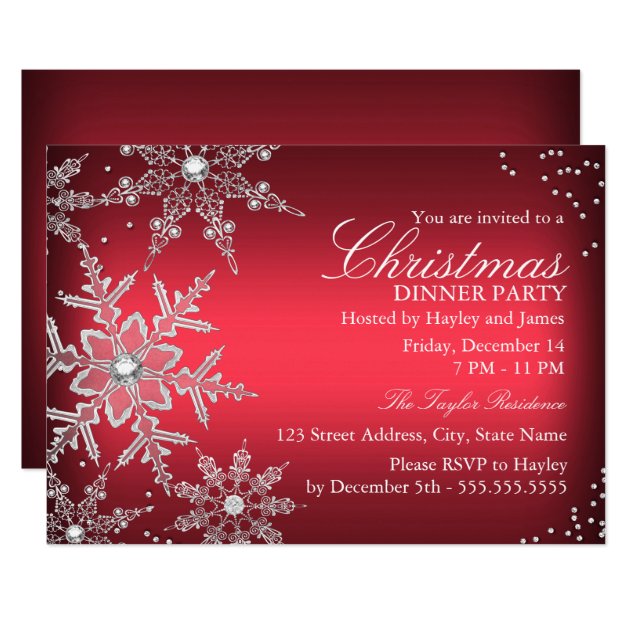 Red Crystal Snowflake Christmas Dinner Party Invitation