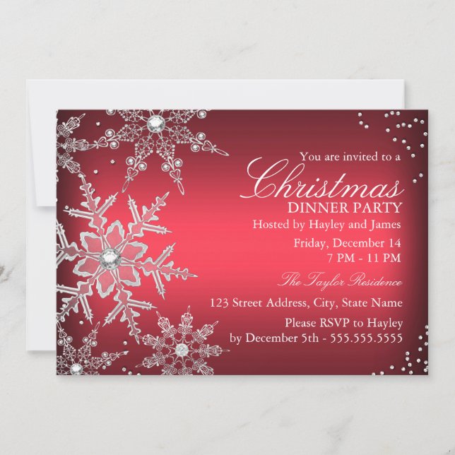 Red Crystal Snowflake Christmas Dinner Party Invitation (Front)