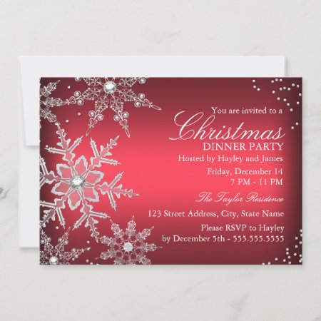 Red Crystal Snowflake Christmas Dinner Party Invitation