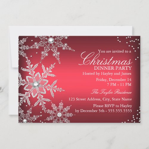 Red Crystal Snowflake Christmas Dinner Party Personalized Invites