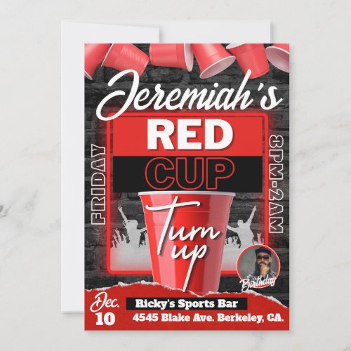 Red Cup Turn Up Grunge Style Birthday Party Photo Invitation