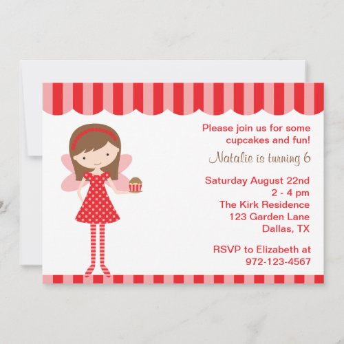 Red Cupcake Fairy Birthday Party Invitation