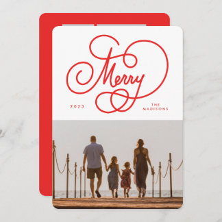 Red Cursive Colorful Merry Flourish Photo Holiday Card