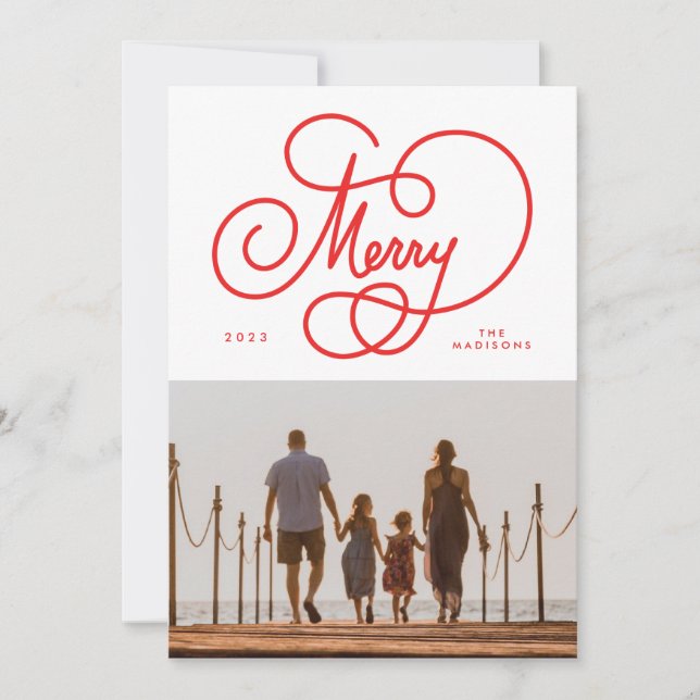 Red Cursive Script Merry Flourish Photo Holiday Card (Front)