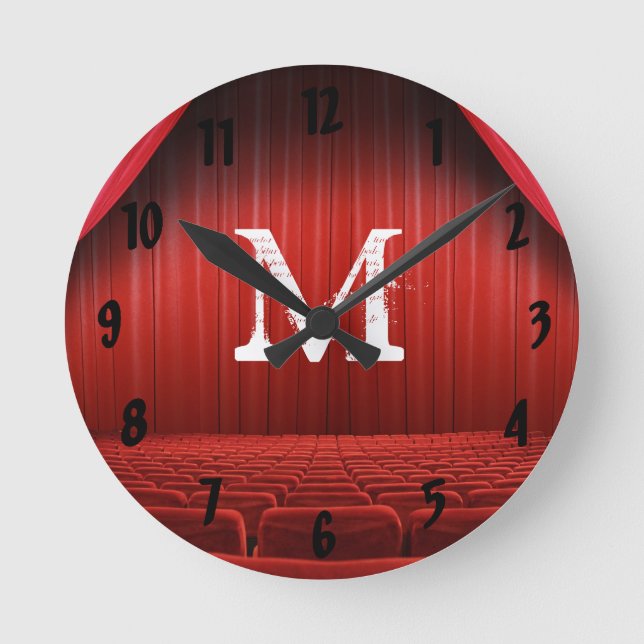 Red Curtain Theater Monogram Initial Wall Clock (Front)