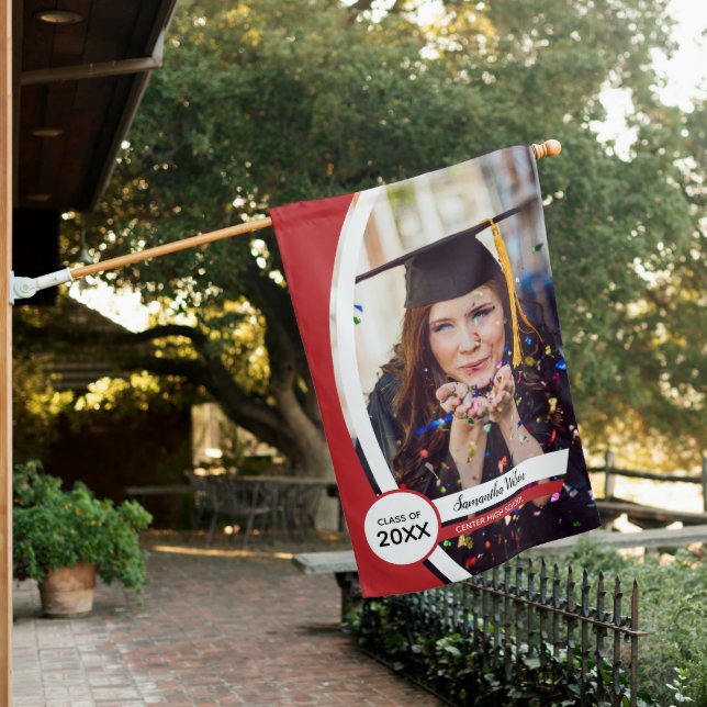 Red Curved Frame Photo Graduation House Flag (In SItu)
