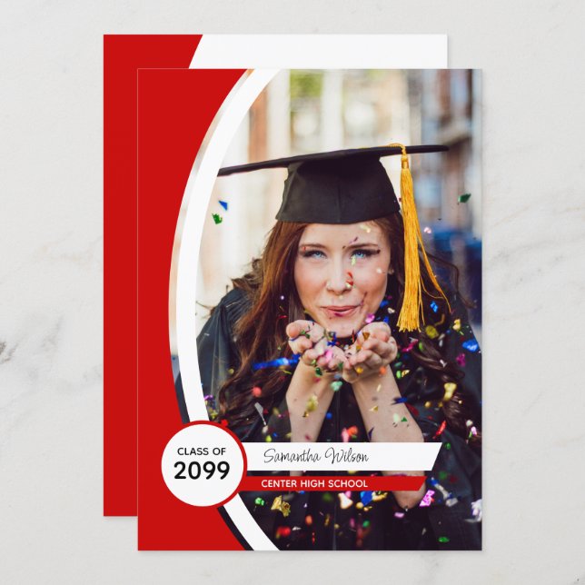 Red Curved Frame Photo Graduation Invitation (Front/Back)