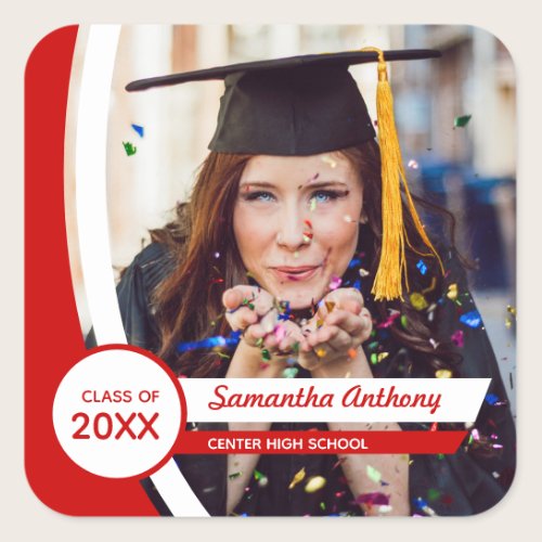 Red Curved Frame Photo Graduation Square Sticker